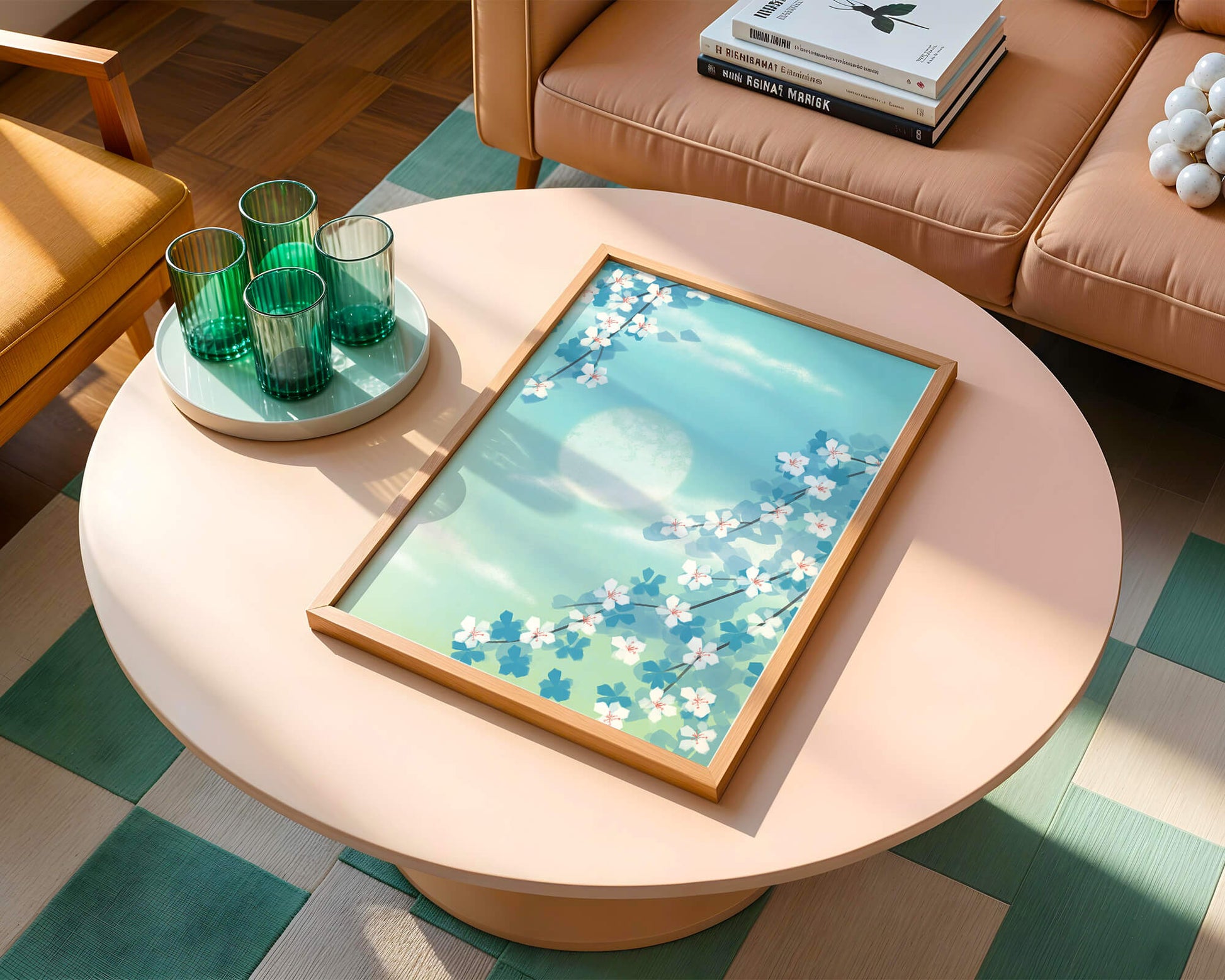 Serene spring blossoms against a pastel sky with gentle sunlight