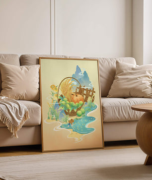 Ilustración con tema de cosecha con una cesta de productos y un fondo panorámico.
