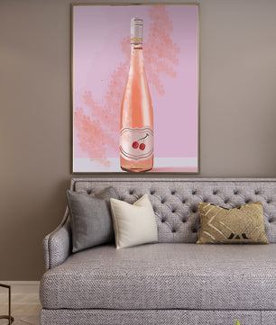 Illustrated wine bottle with a cherry label on pink background