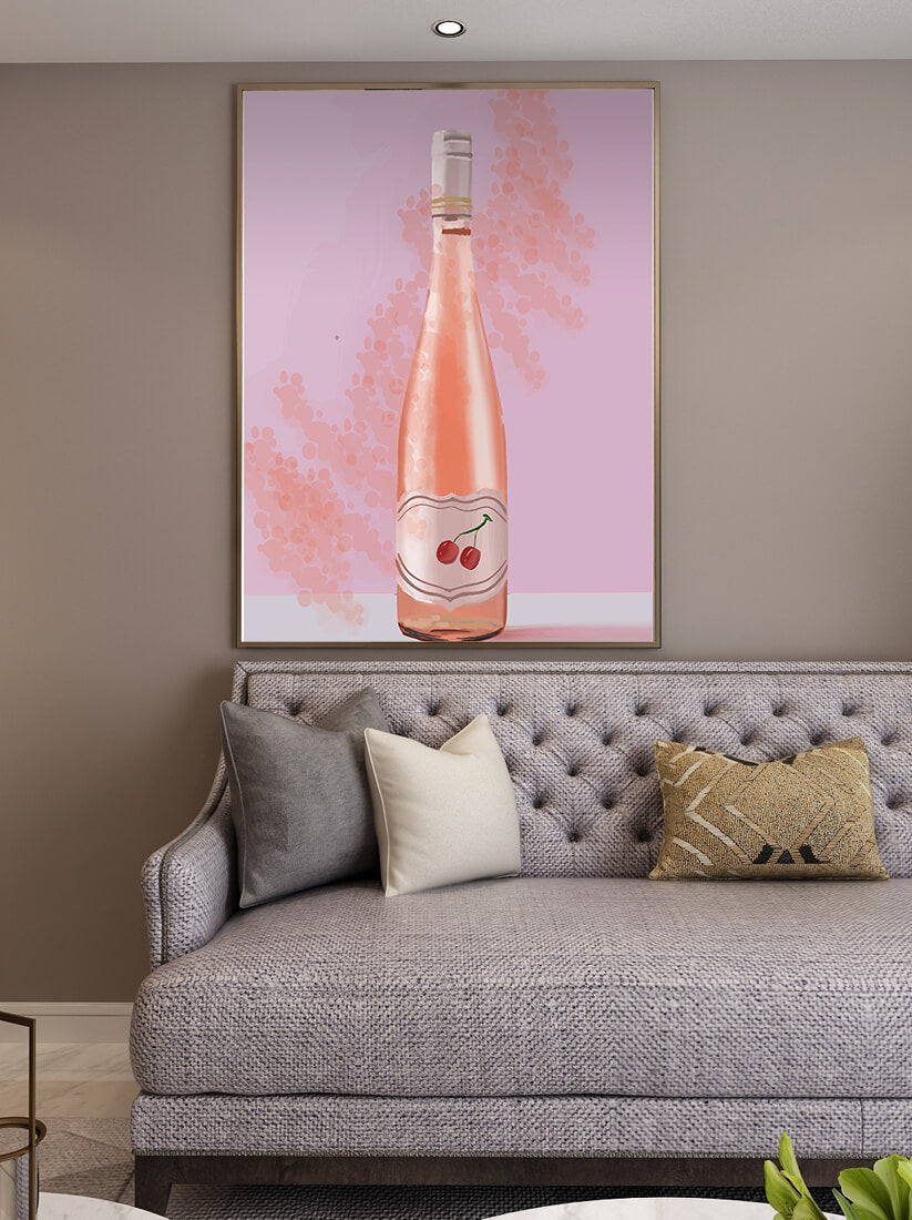 Illustrated wine bottle with a cherry label on pink background