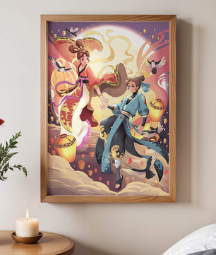 Dynamic anime scene with traditional attire and lanterns