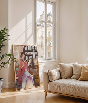 Illustrated scene of a woman in traditional attire reading by a window
