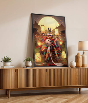 Elegant musician with traditional attire under lanterns and mountains