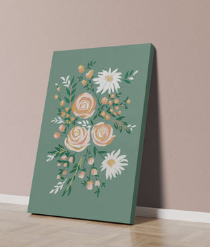 Floral illustration with roses and daisies on green background