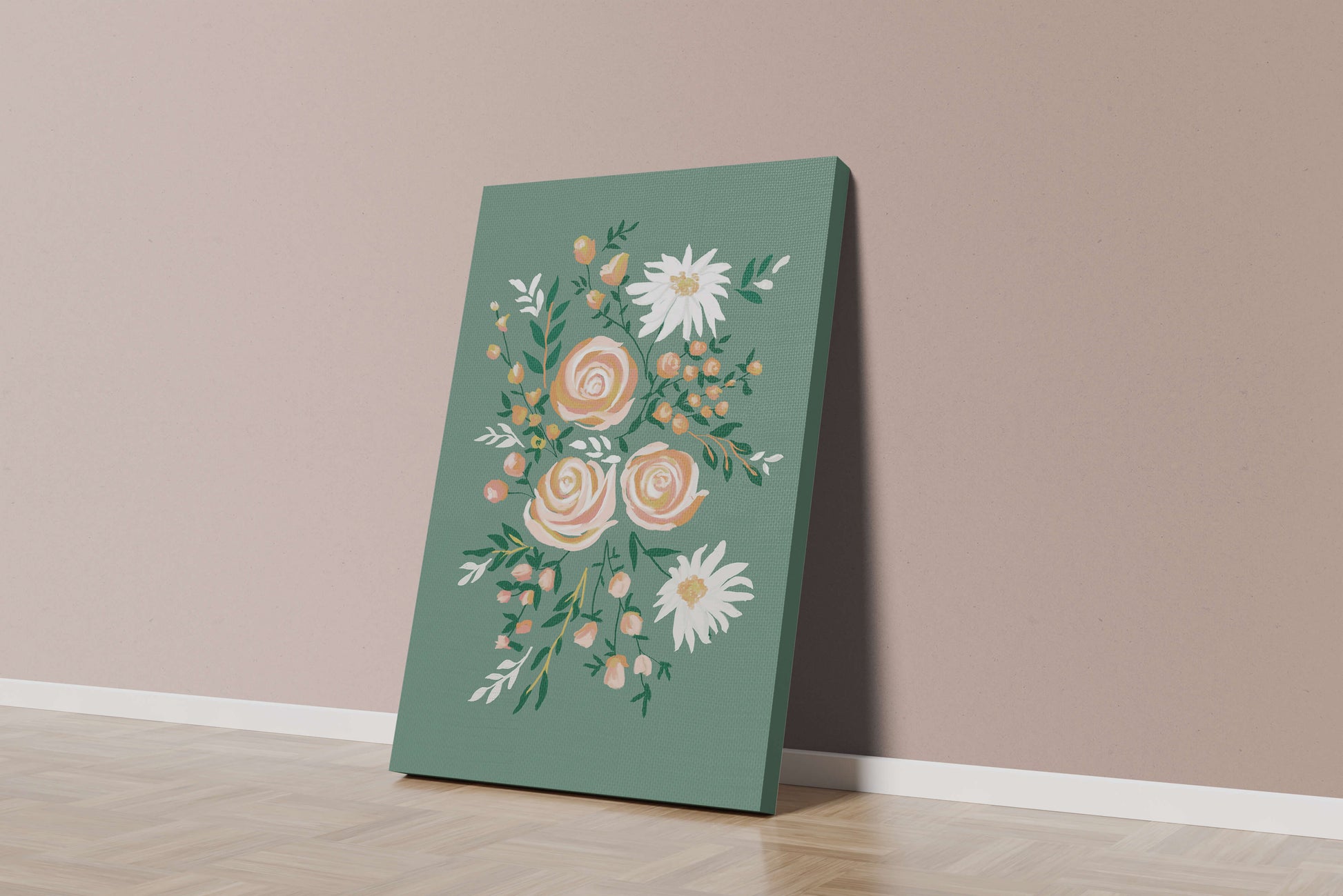 Floral illustration with roses and daisies on green background