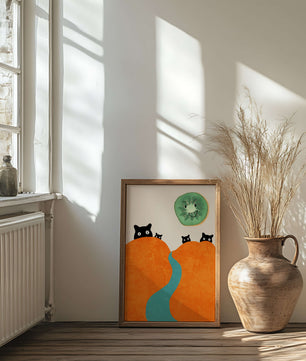 Playful Cats and Smiling Kiwi in Vibrant Hills