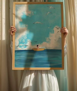 Peaceful seascape illustration with a boat and birds