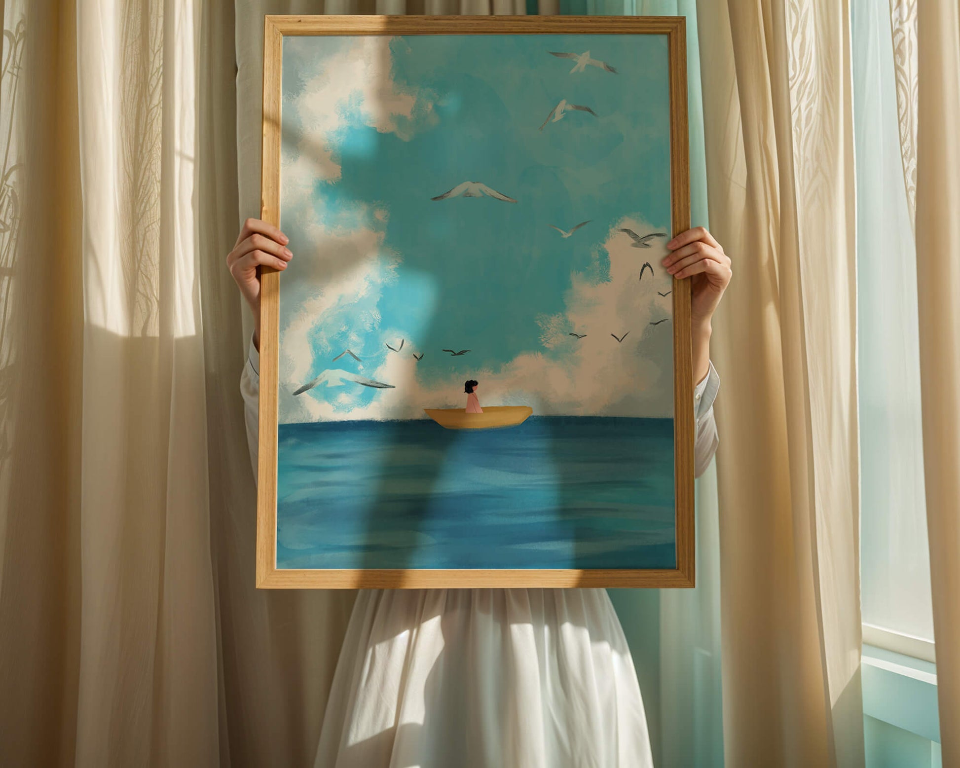 Peaceful seascape illustration with a boat and birds