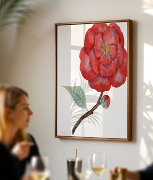 Watercolor illustration of a red camellia flower with green leaves