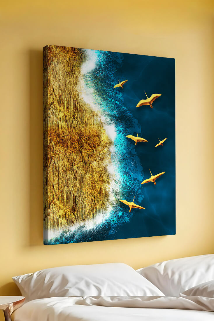 Golden beach landscape with vibrant ocean and flying seabirds