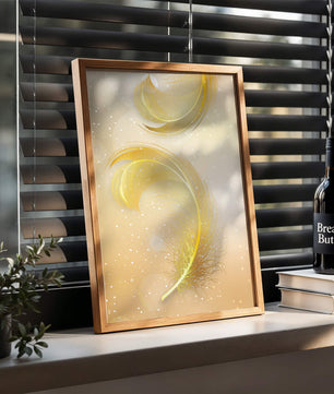 Elegant golden feather design with shimmering background