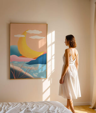 Abstract Landscape with Yellow Crescent and Pastel Colors
