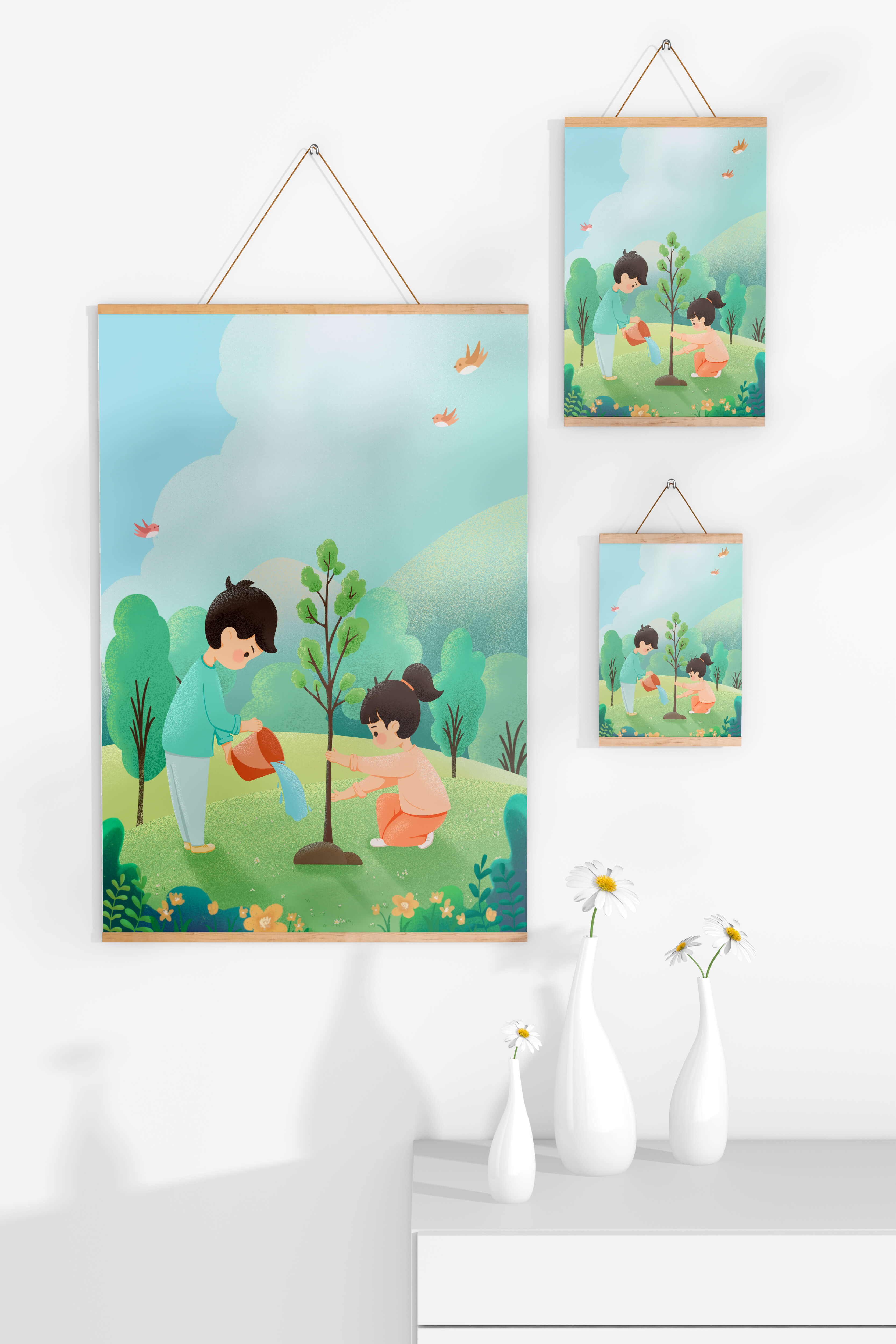 Children nurturing a young tree in a lush green landscape