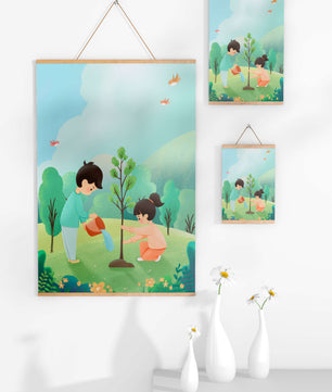 Kinder pflegen einen jungen Baum in einer üppig grünen Landschaft