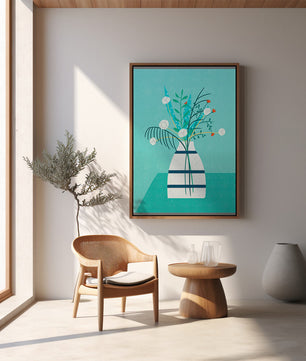 Floral Arrangement In Minimalist Vase On Teal Background - Mi tienda