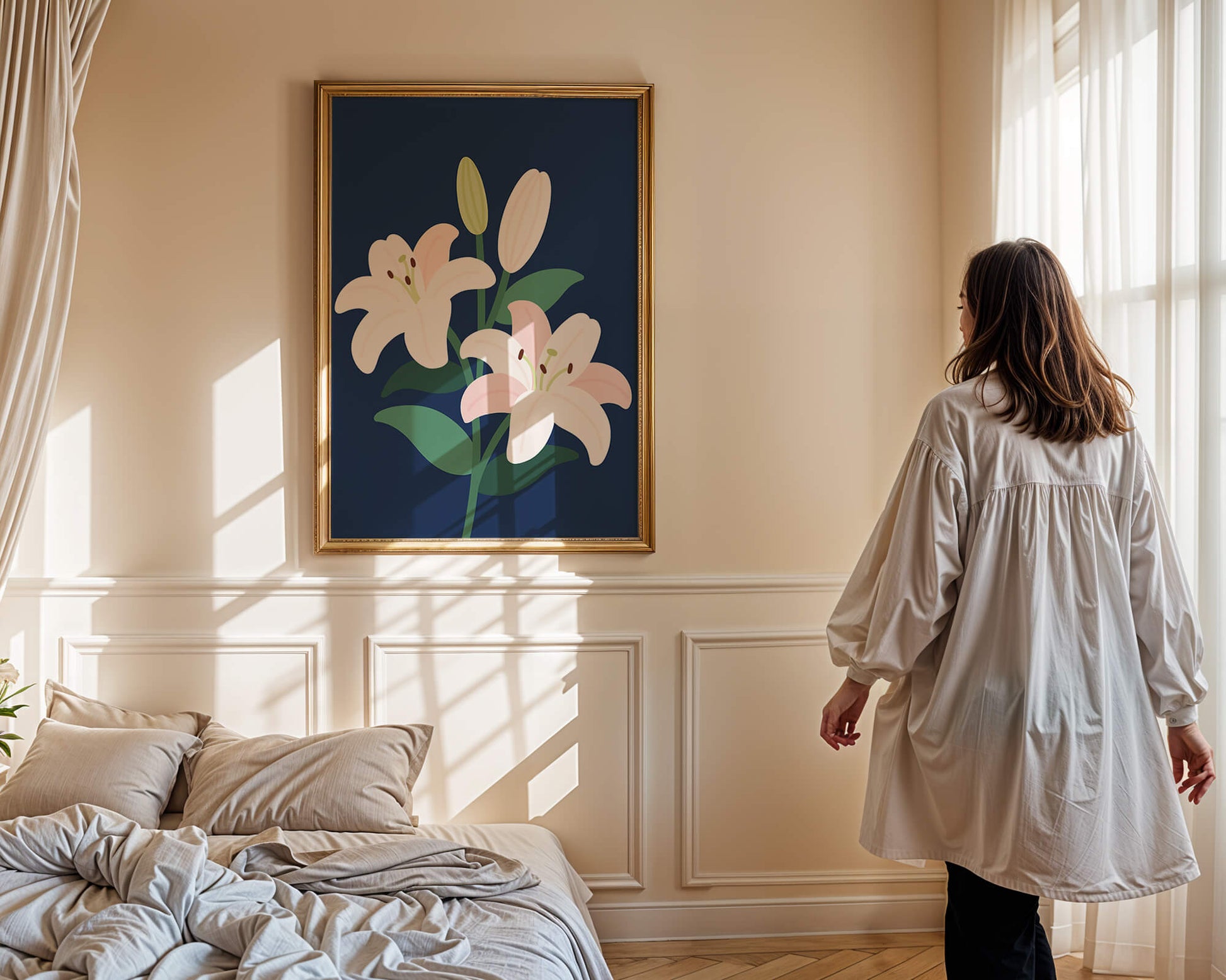 Lirios elegantes sobre un fondo azul oscuro