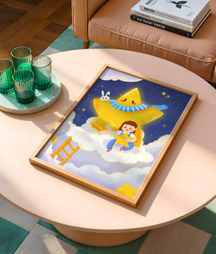 Enfant fantaisiste assis sur un nuage avec une étoile et un lapin dans le ciel nocturne