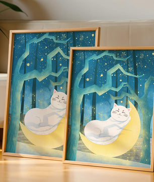 Cat sleeping on the moon in an enchanted forest under the starry sky