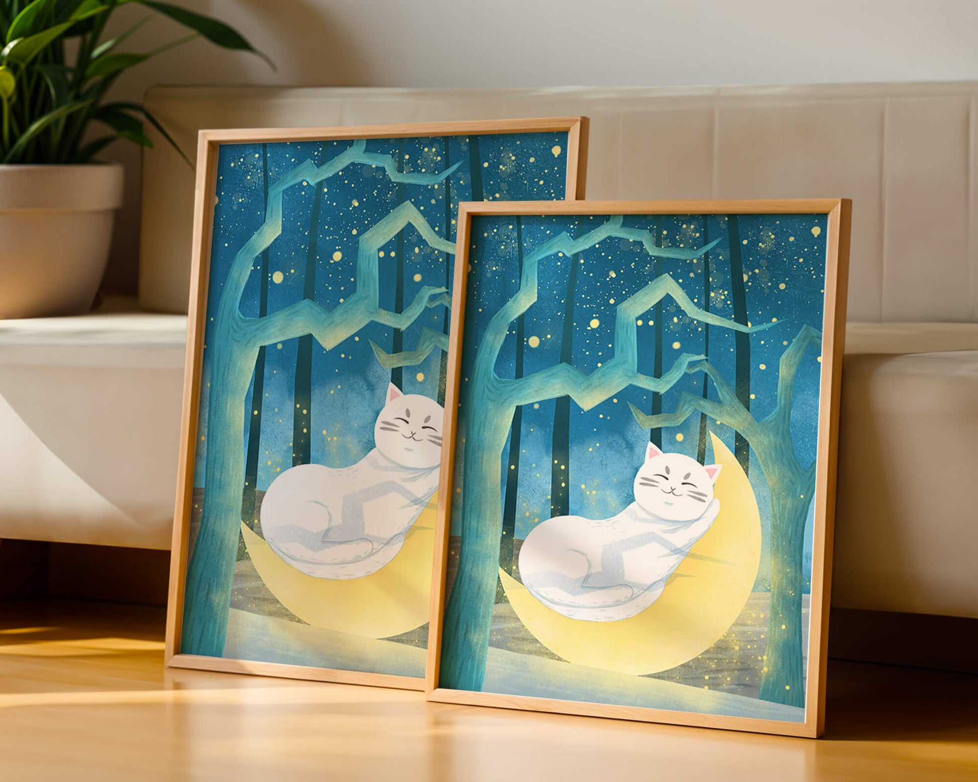 Cat sleeping on the moon in an enchanted forest under the starry sky
