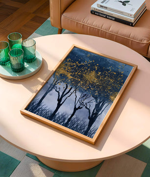Mystical forest landscape with gold splatter art