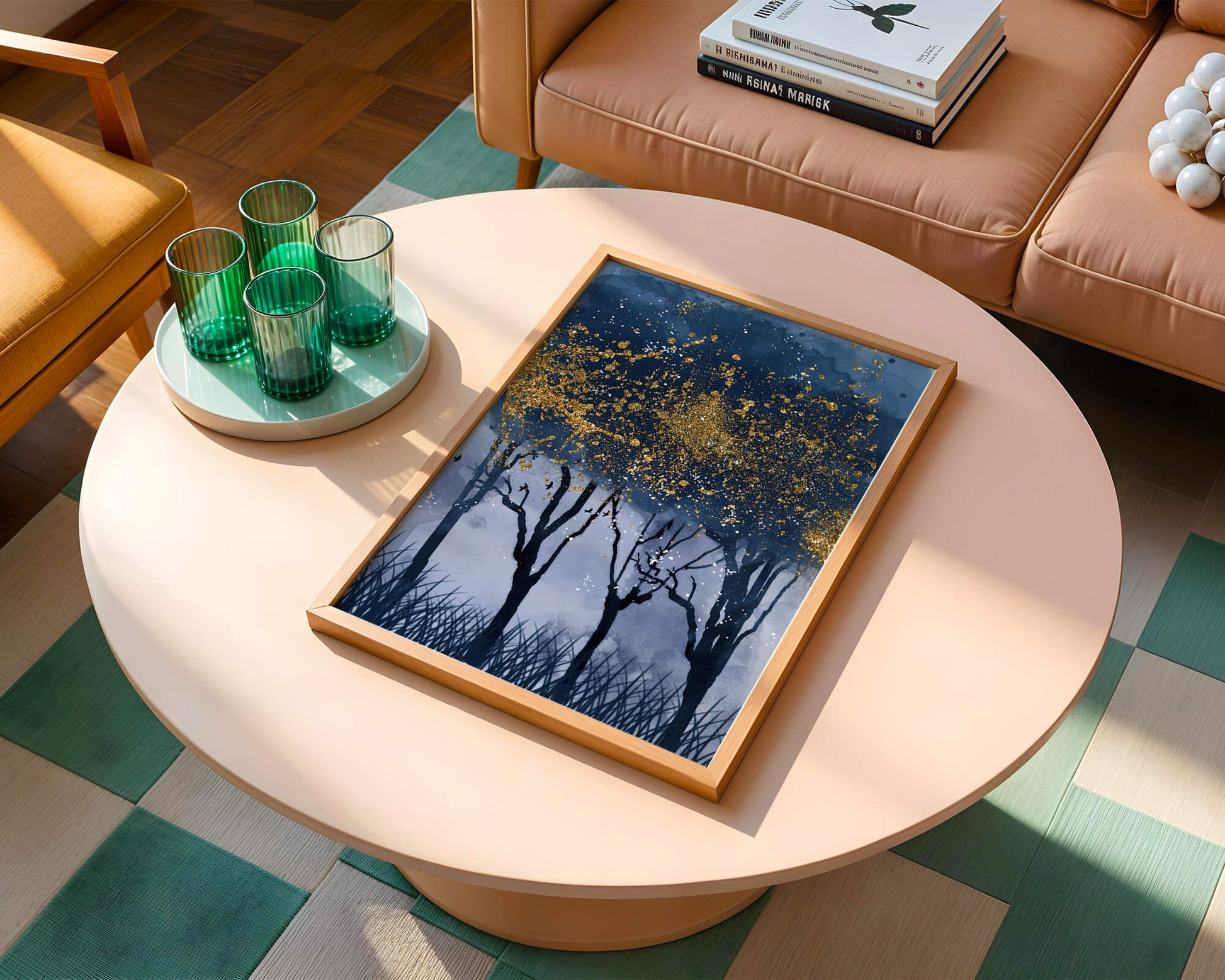 Mystical forest landscape with gold splatter art
