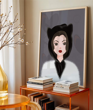 Illustration of a woman in a cat hoodie on a soft gray background