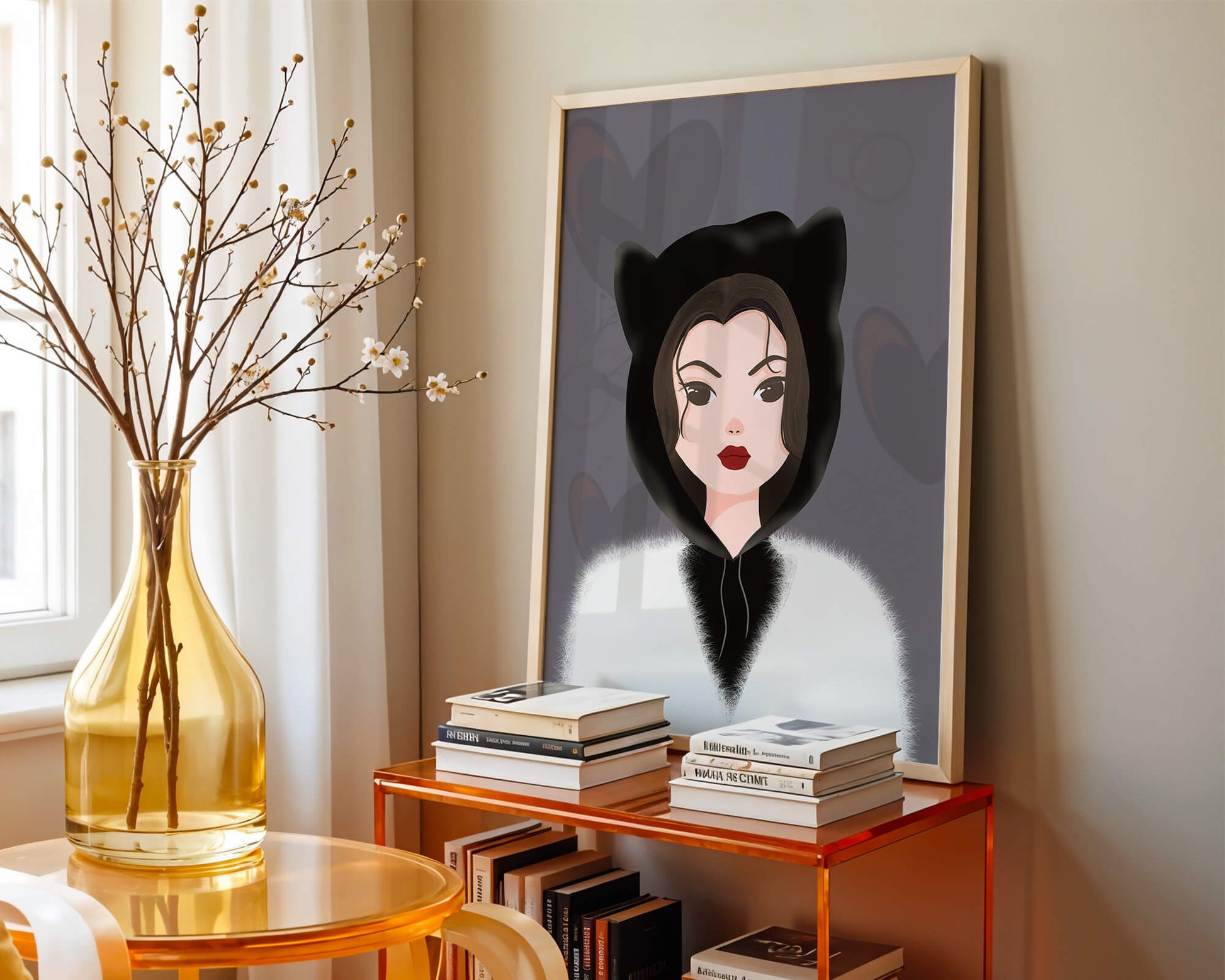 Illustration of a woman in a cat hoodie on a soft gray background