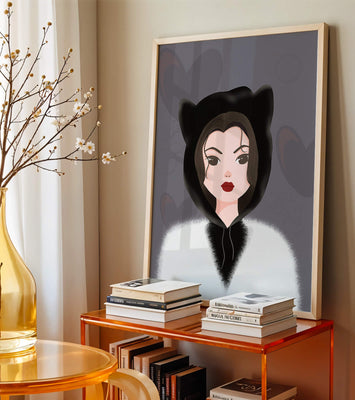 Illustration of a woman in a cat hoodie on a soft gray background