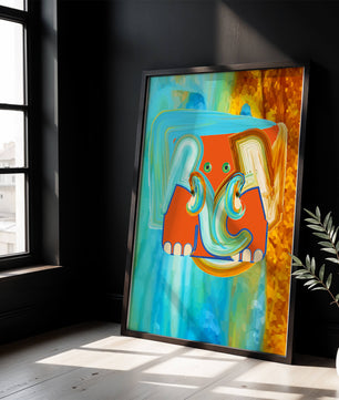 Pintura abstracta colorida de un elefante con tonos vibrantes y pinceladas artísticas