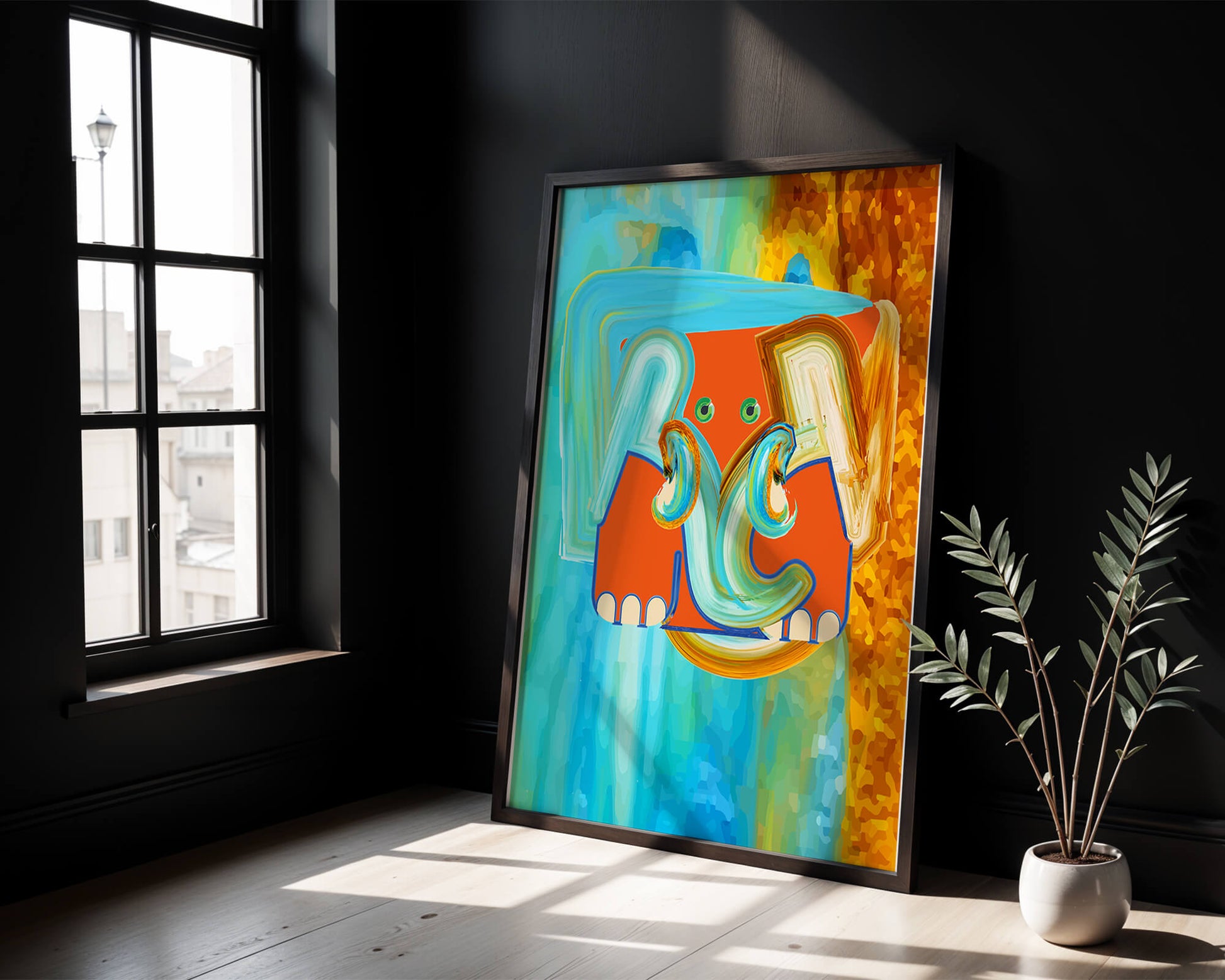 Pintura abstracta colorida de un elefante con tonos vibrantes y pinceladas artísticas.