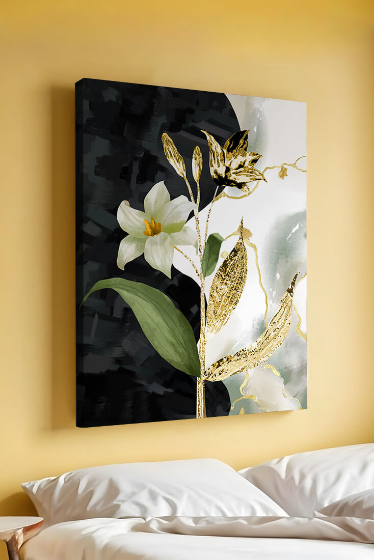 Diseño floral abstracto con detalles dorados y oscuros