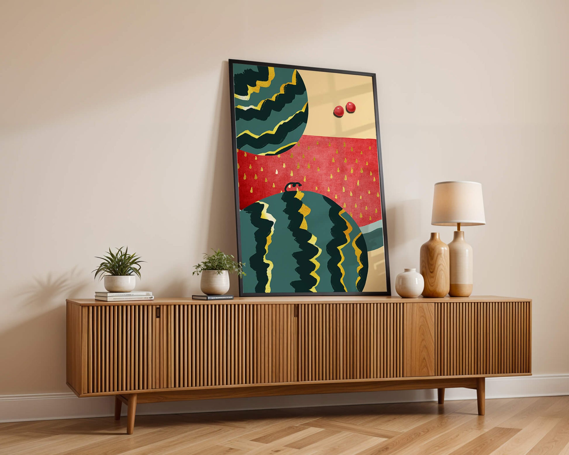 Arte abstracto vibrante de sandía con reflejos dorados