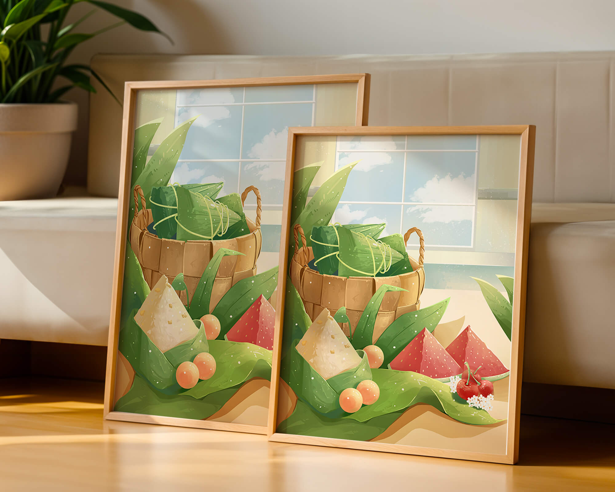 Serene kitchen scene with basket of fruits and leaves