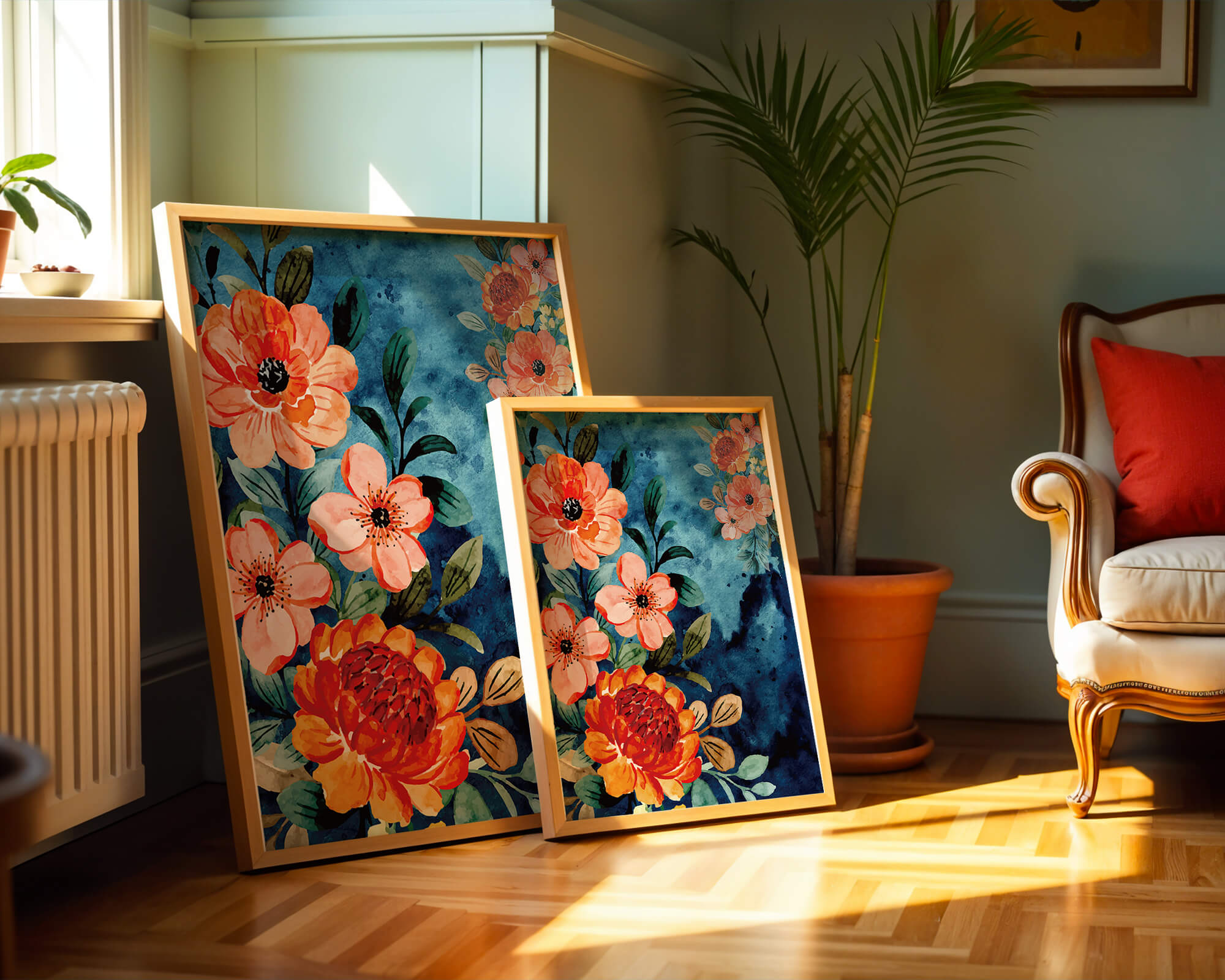 Vibrant floral watercolor design with orange blossoms and blue background