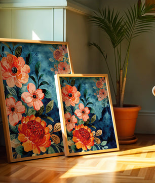 Vibrant floral watercolor design with orange blossoms and blue background
