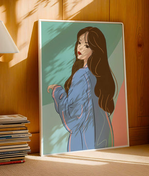 Stylish woman illustration with long hair in pastel shades