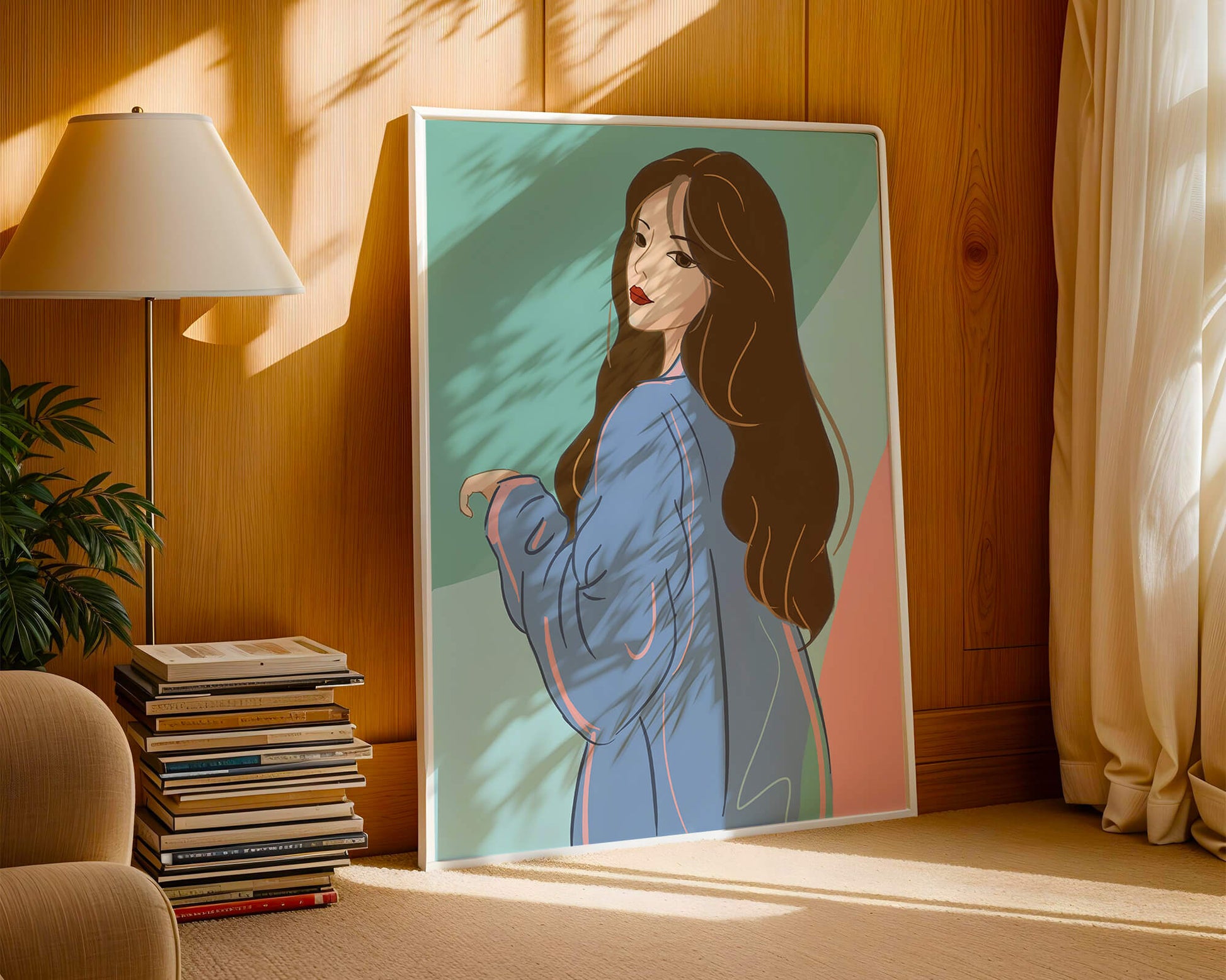 Stylish woman illustration with long hair in pastel shades
