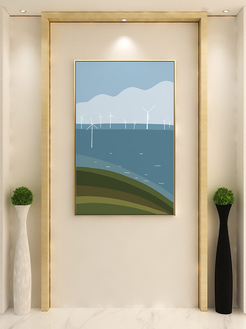 Wind Turbines on Rolling Hills Against a Clear Blue Sky