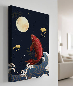 Traditional Japanese koi fish art with moonlit waves and clouds