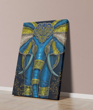 Blue and gold ornate elephant with intricate patterns