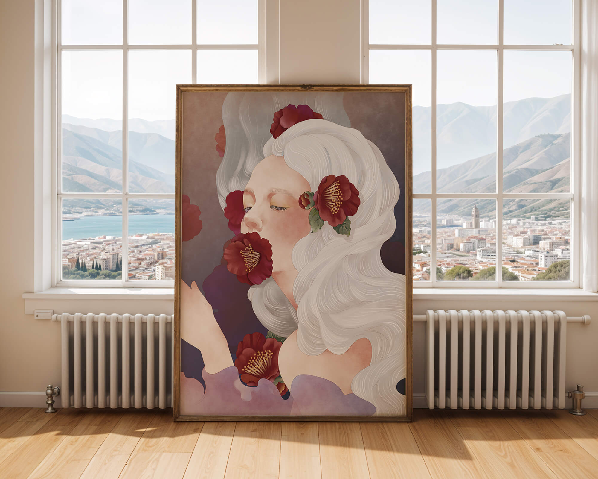 Dreamy Portrait of a Woman with White Hair and Red Flowers