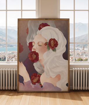 Retrato onírico de una mujer con cabello blanco y flores rojas