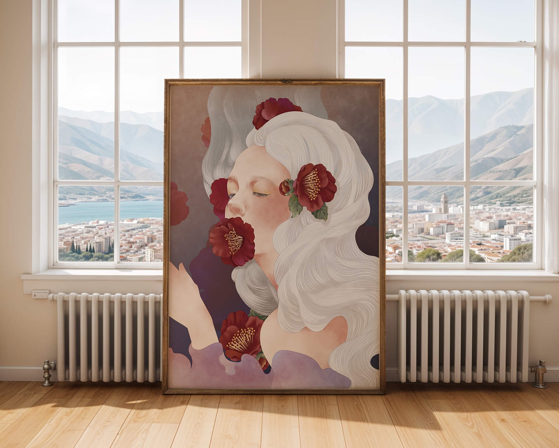 Dreamy Portrait of a Woman with White Hair and Red Flowers