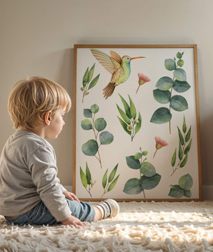 Illustration d'un colibri à l'aquarelle et de feuilles d'eucalyptus
