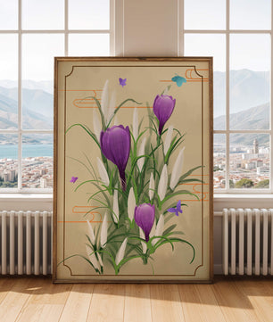 Elegant Crocus Flowers with Butterflies in a Delicate Frame