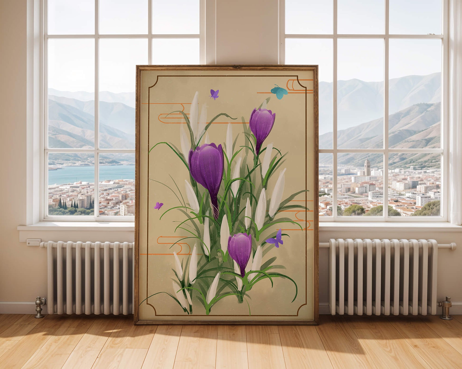 Elegantes flores de azafrán con mariposas en un marco delicado