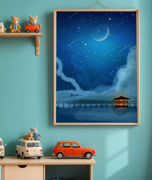 Serene Night Sky with Crescent Moon, Stars, and Pier Over Water