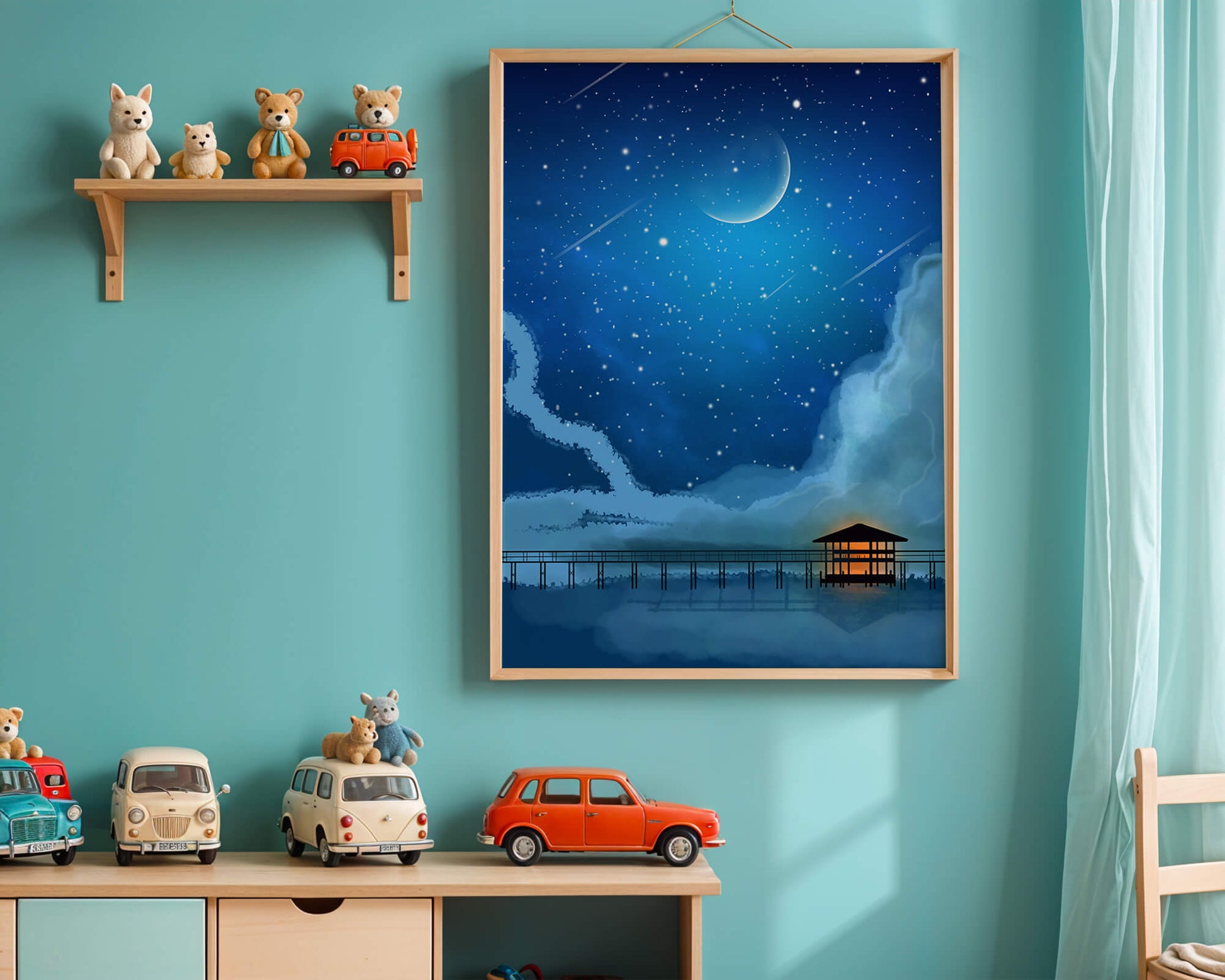 Serene Night Sky with Crescent Moon, Stars, and Pier Over Water