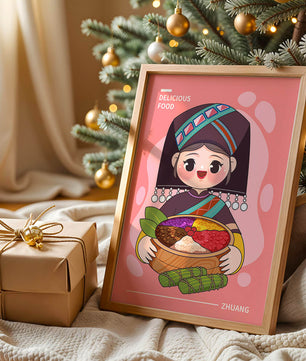 Personnage de dessin animé charmant en tenue traditionnelle tenant un panier de nourriture coloré