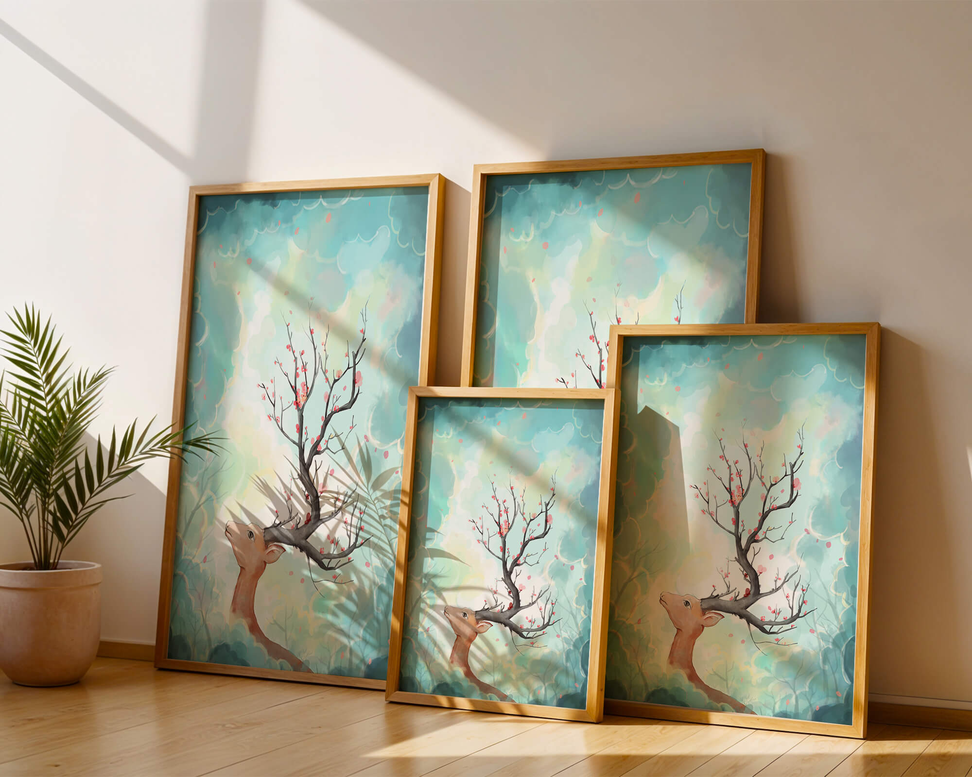 Surreal deer with branches for antlers in a pastel cloudy background